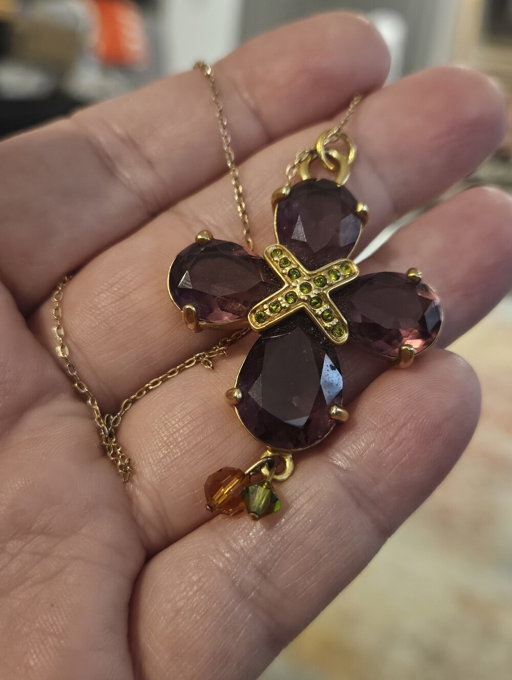 Swarovski Signed Purple Amethyst & Green Crystal Cross Pendant Gold Statement Ne